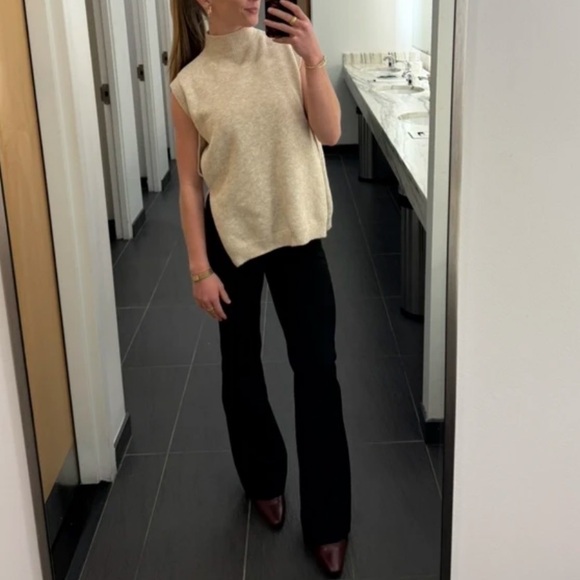 Beige High Neck Knit Vest Sleeveless Sweater Top Side Slits - Picture 12 of 14